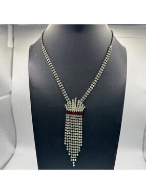 Vintage Rhinestone Red Crystal Drop Necklace Tassle Fringe Flapper 16" Elegant